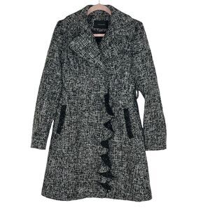 Tahari Womens Wool Blend Tweed Ruffle Pea Coat Twee Gray Missing Belt Size 4
